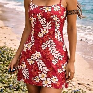 VTG Jade Fashions Hawaiian Mini Dress Red Hibiscus Cotton Made in Hawaii XL
